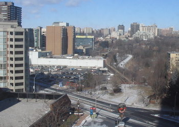 View of Toronto (and donut world!) from our first-floor room at the Mariott